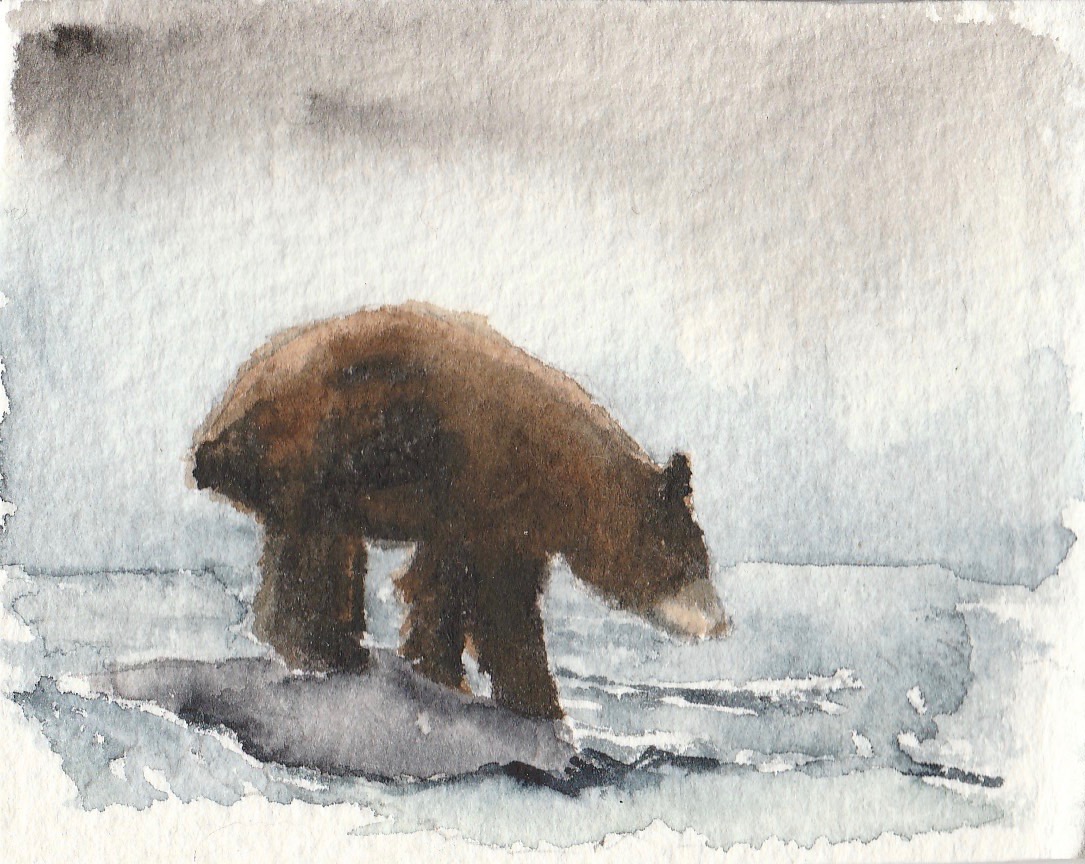 Painting of Black bear cub crossing river