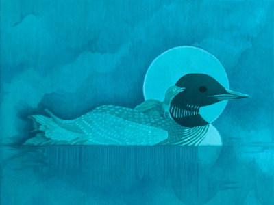 Blue loon on water artwork