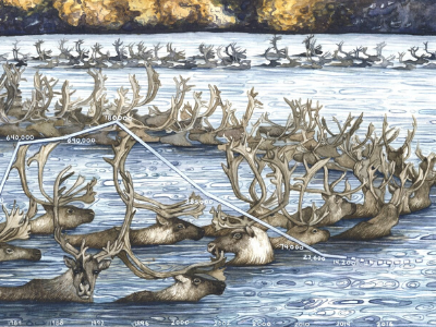 Painting by Jill Pelto of caribou crossing a river