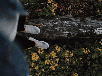 Feet walking along log surrounded by yellow wildflowers